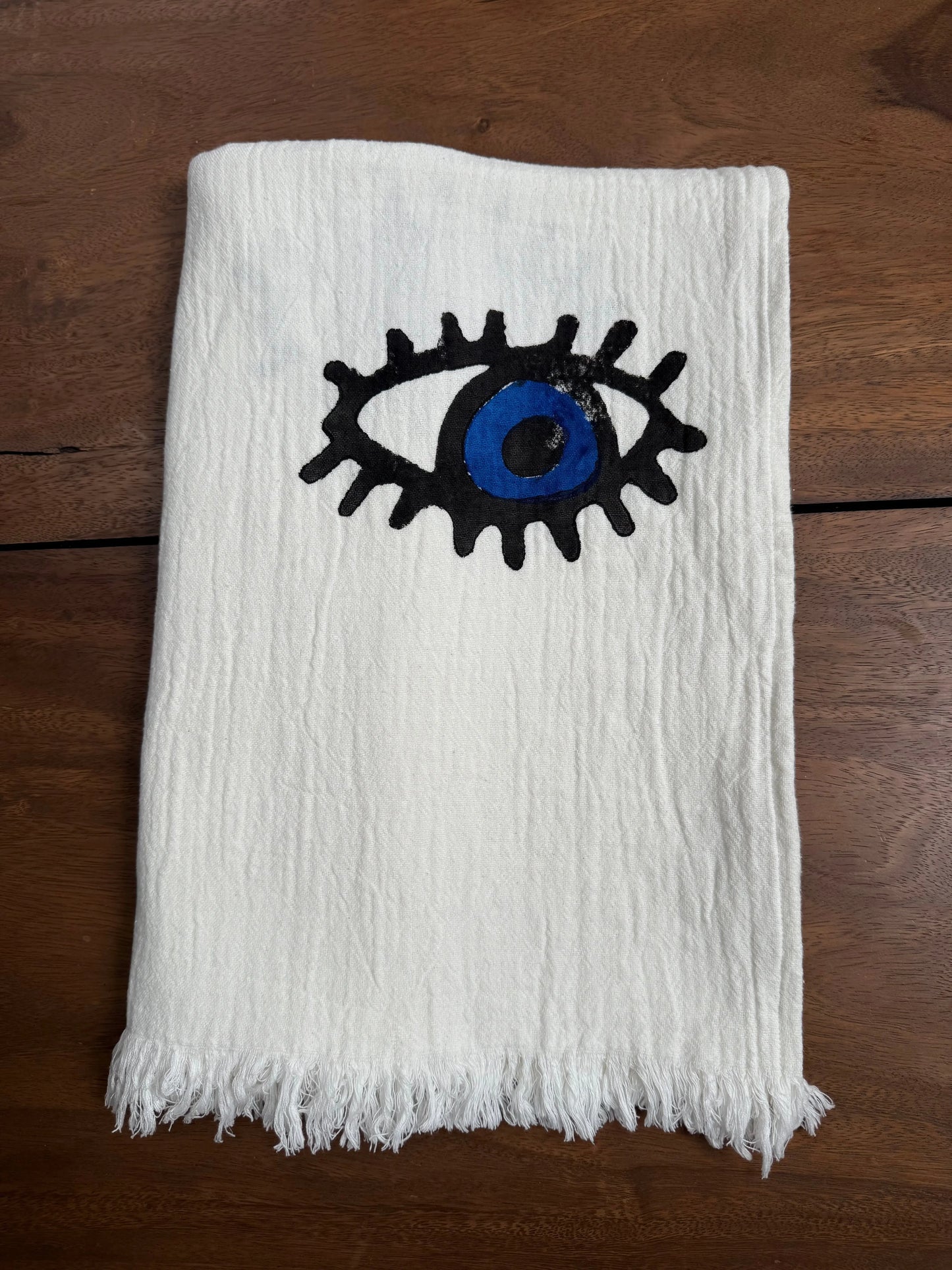 White with Dark Blue Eye Organic Cotton Peshtemal Towel Loome Lifestyle