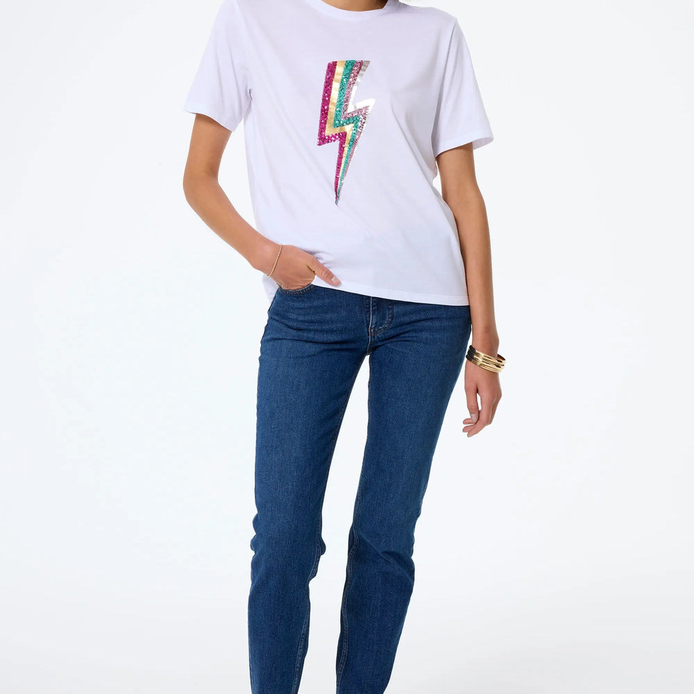 White with Multi Coloured Sequin and Foil Lightning Bolt T-Shirt Scamp & Dude