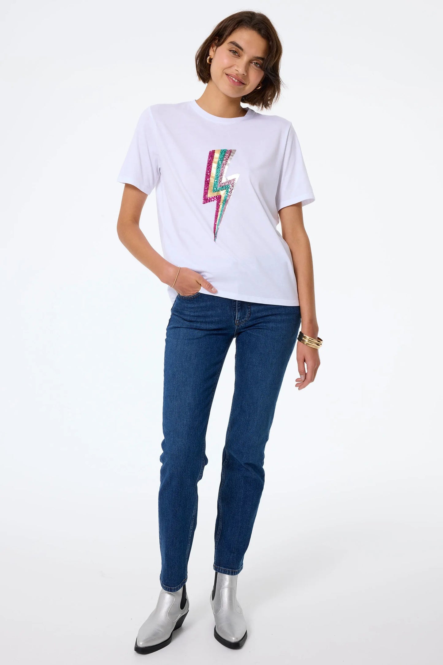 White with Multi Coloured Sequin and Foil Lightning Bolt T-Shirt Scamp & Dude