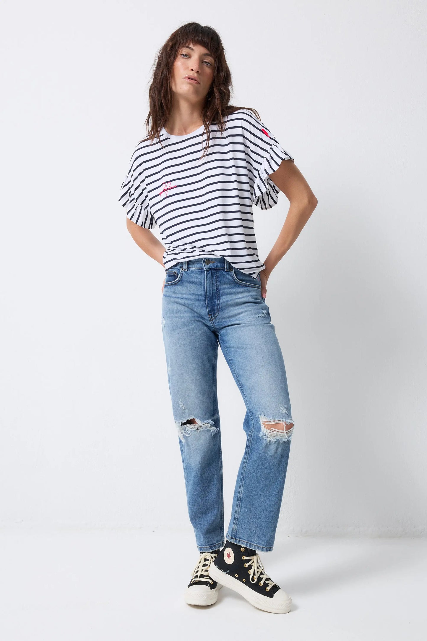 White with Navy Stripe Frill Sleeve T-Shirt Scamp & Dude