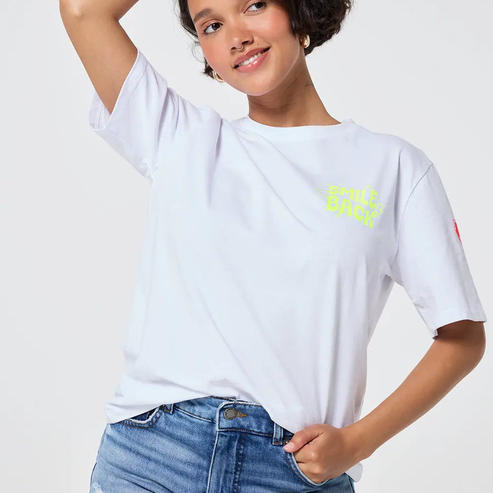 White with Neon Yellow Smile Back Slogan T-Shirt Scamp & Dude