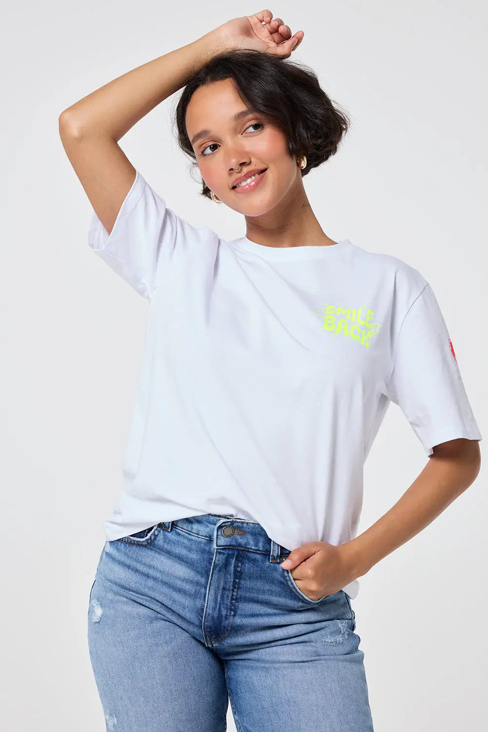 White with Neon Yellow Smile Back Slogan T-Shirt Scamp & Dude