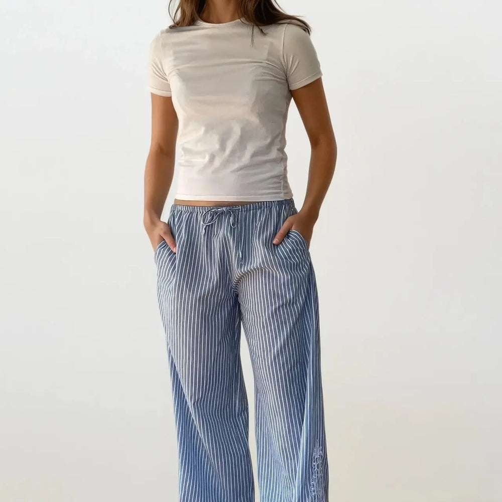 Wide Leg Stripe Trousers With Side Embroidery - Santorini - White/Blue Stripe AMOKA DALO
