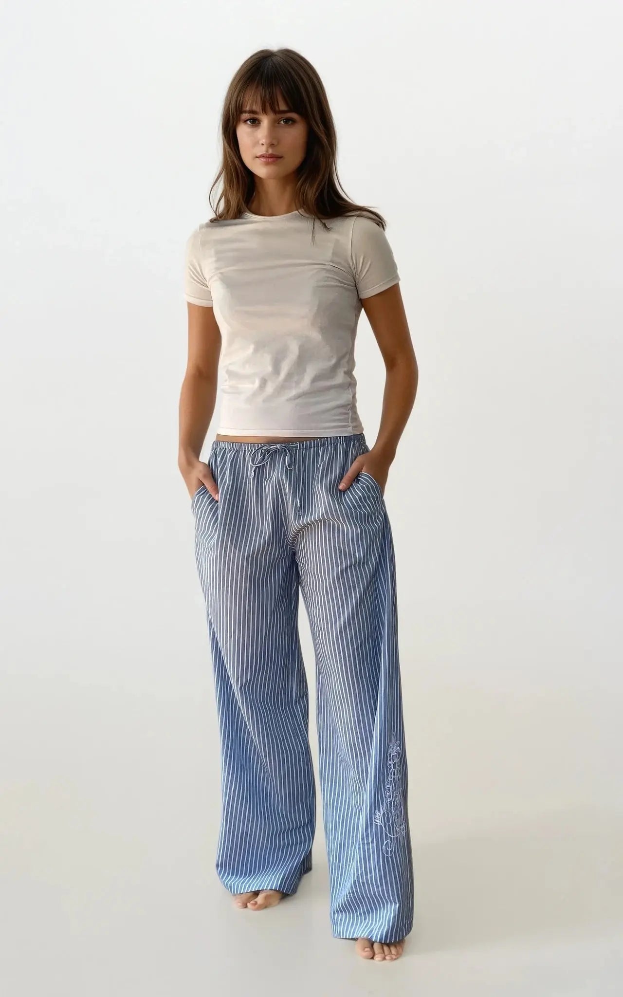 Wide Leg Stripe Trousers With Side Embroidery - Santorini - White/Blue Stripe AMOKA DALO