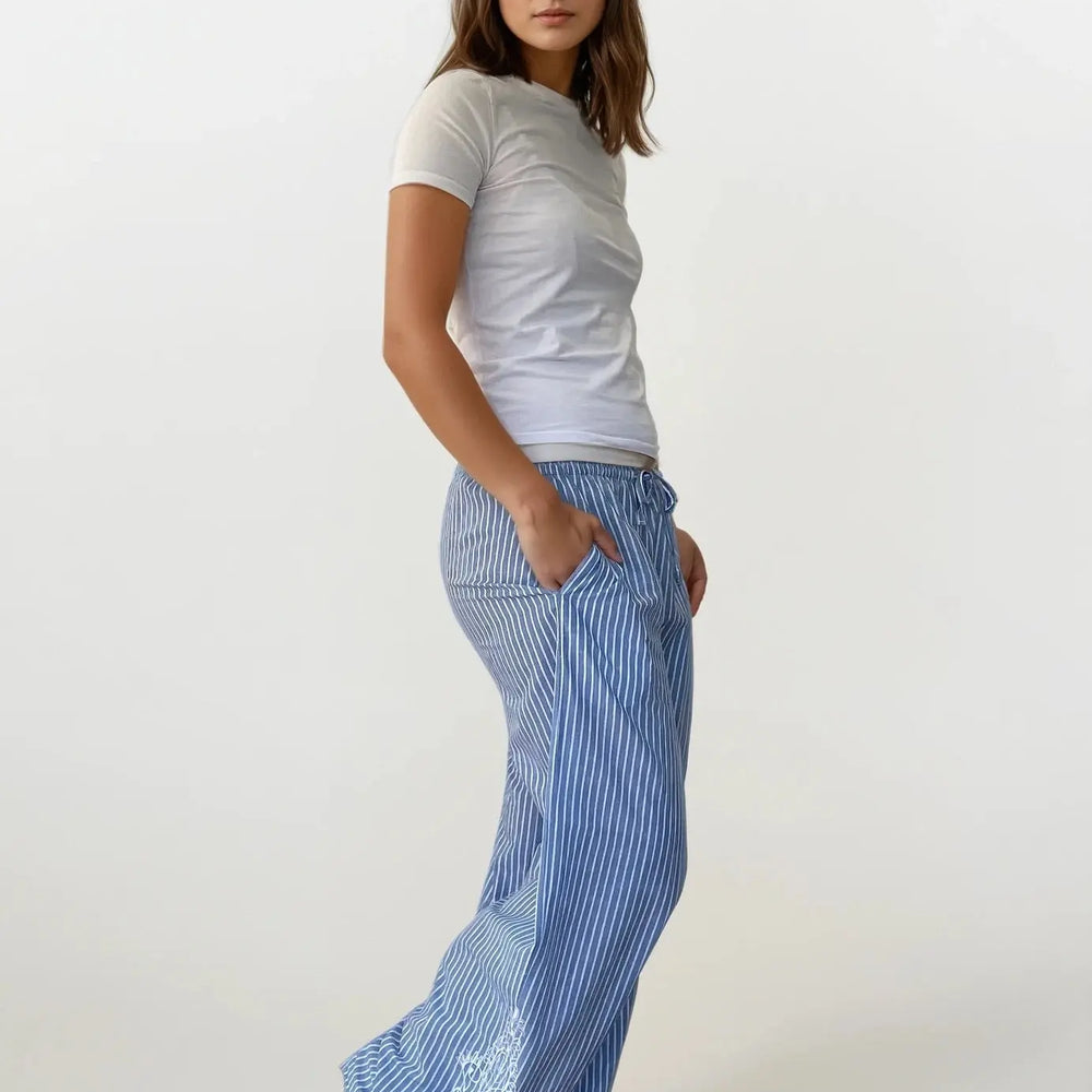 Wide Leg Stripe Trousers With Side Embroidery - Santorini - White/Blue Stripe AMOKA DALO