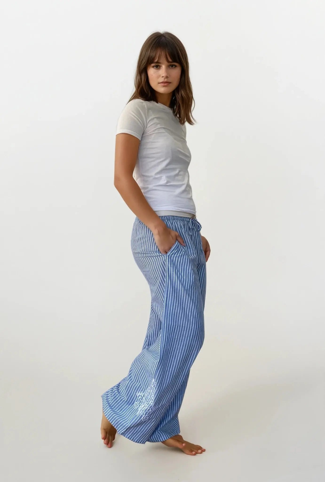 Wide Leg Stripe Trousers With Side Embroidery - Santorini - White/Blue Stripe AMOKA DALO