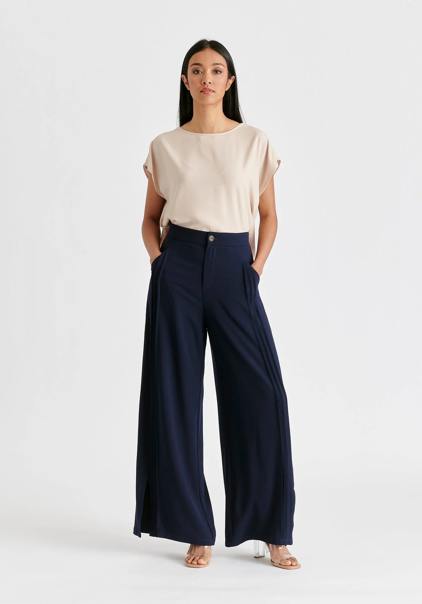 Wide Leg Trousers With Side Pleats and Split Hem Paisie