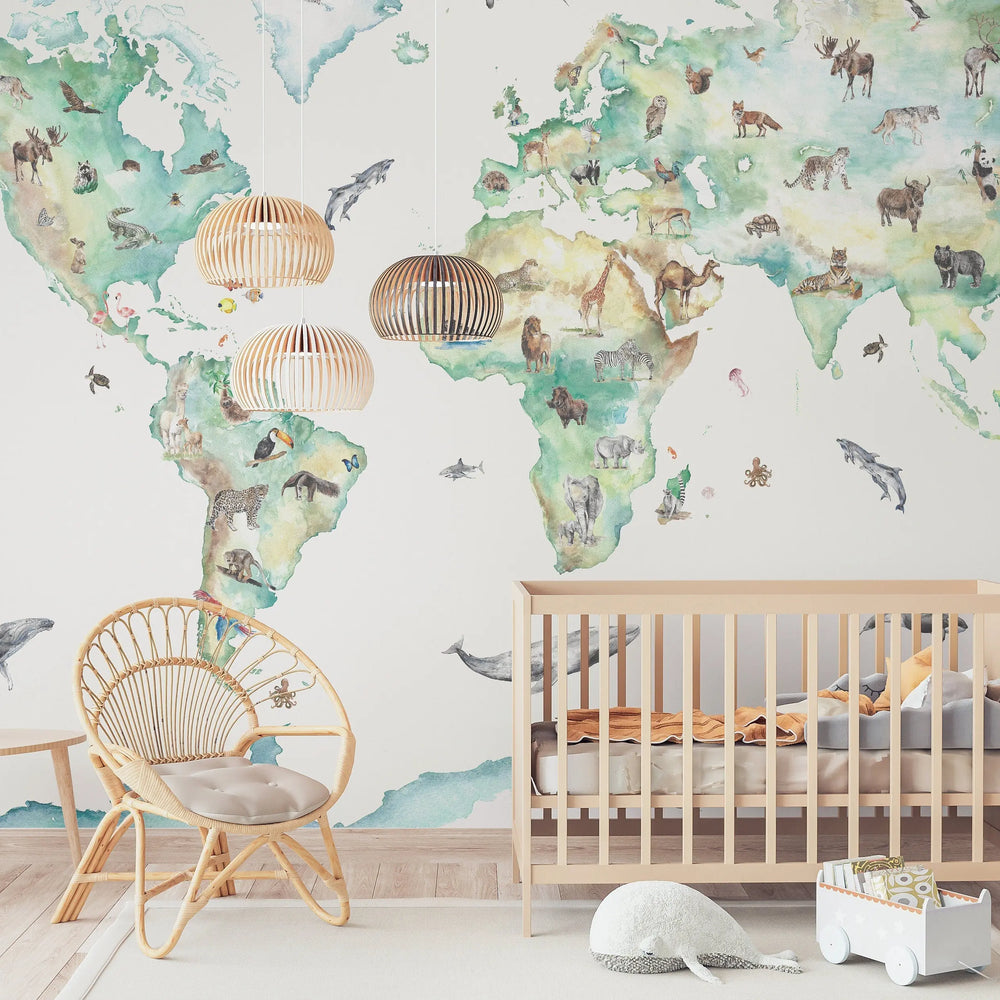 Wildlife World Map Mural Wallpaper For Children Katie Hipwell Design