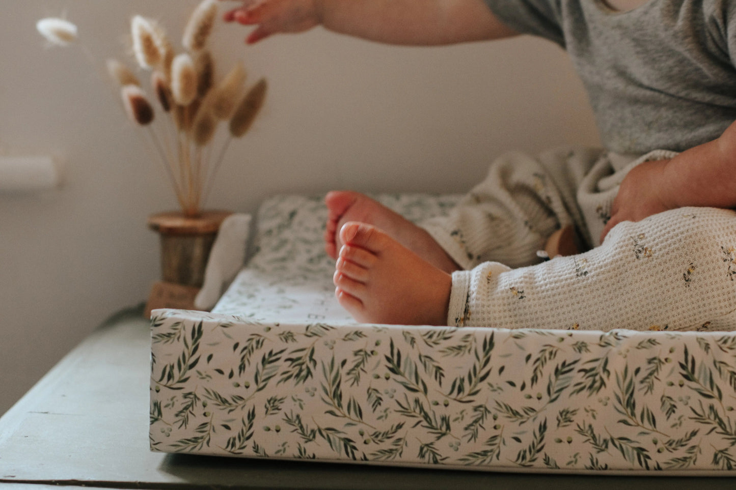 Willow Leaf Anti Roll Wedge Baby Changing Mat - Sage Green Ralphie Bear