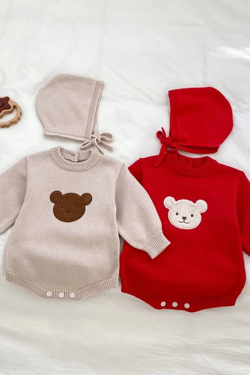Winter Bear Knitted Bodysuit Red or Beige Cozy Crew Club