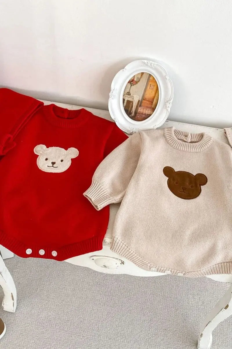 Winter Bear Knitted Bodysuit Red or Beige Cozy Crew Club