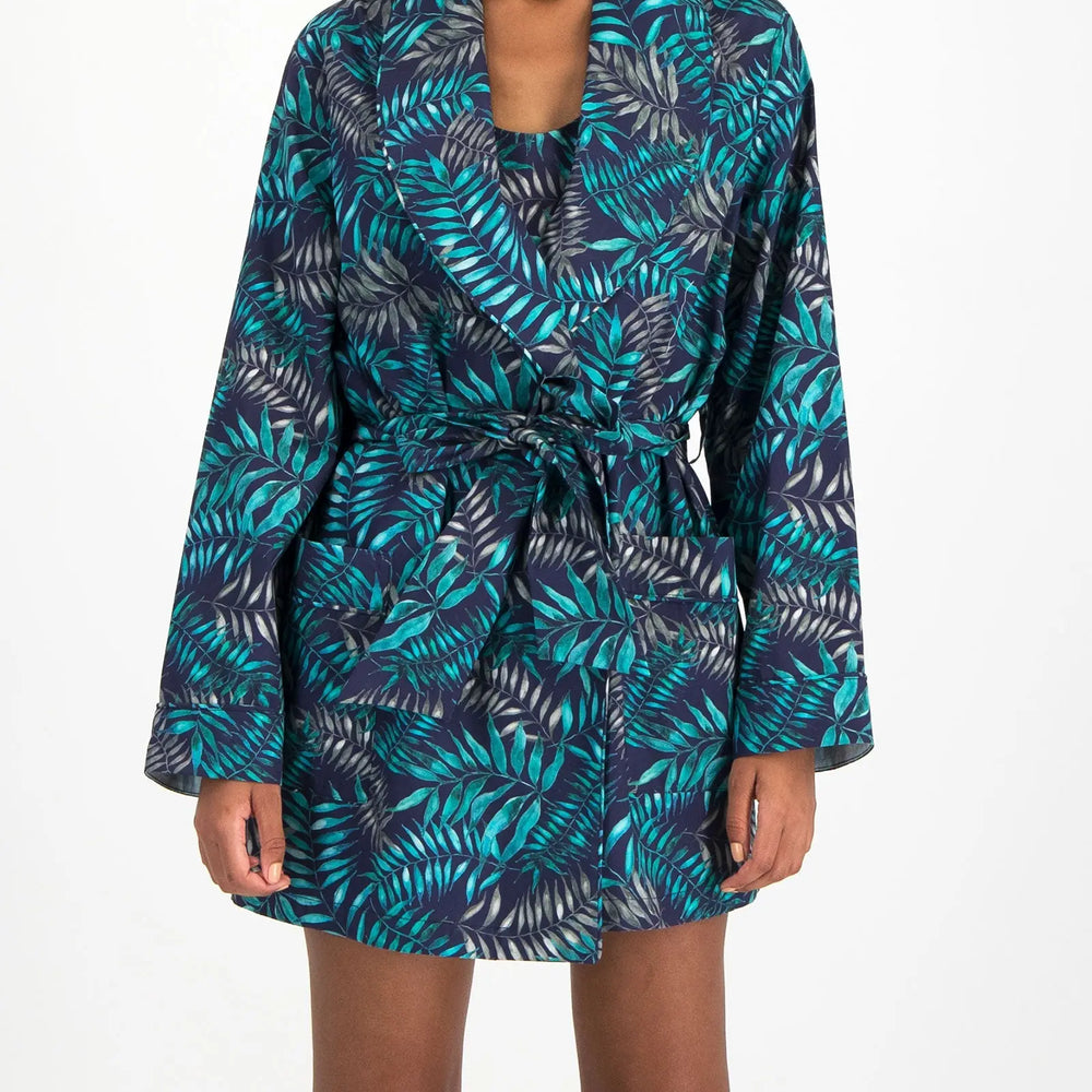 Women's Dressing Gown - Palm Leaves Navy Woodstock Laundry