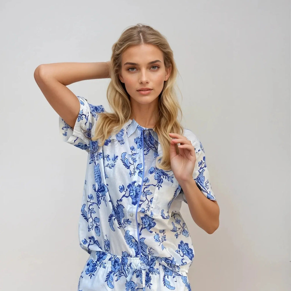 Women's Short Sleeve Pyjamas - St Ignacio - White/Blue AMOKA DALO