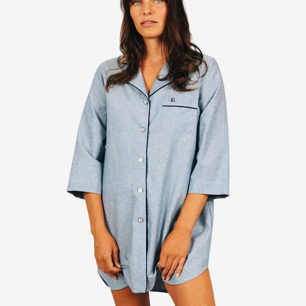 Women's Sleep Shirt - Blue Sky with Navy Piping Woodstock Laundry