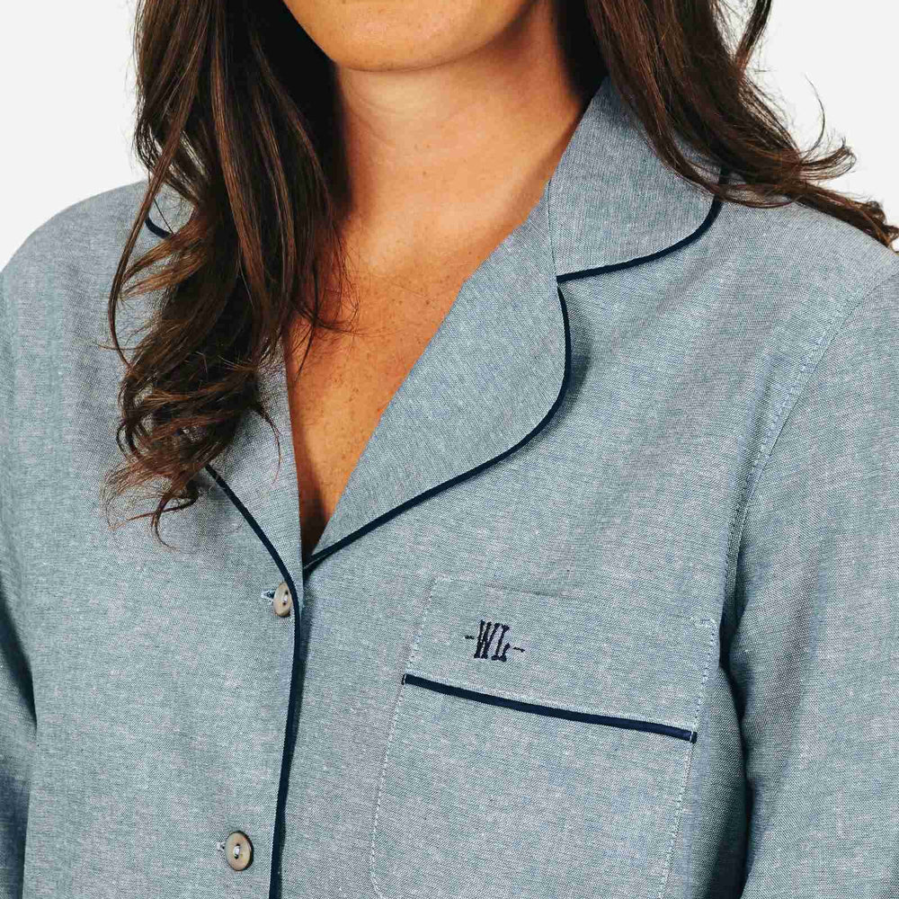 Women's Sleep Shirt - Blue Sky with Navy Piping Woodstock Laundry