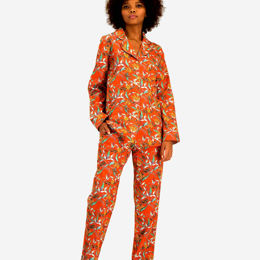 Womens Long Pyjamas - Night Monkeys Orange Woodstock Laundry