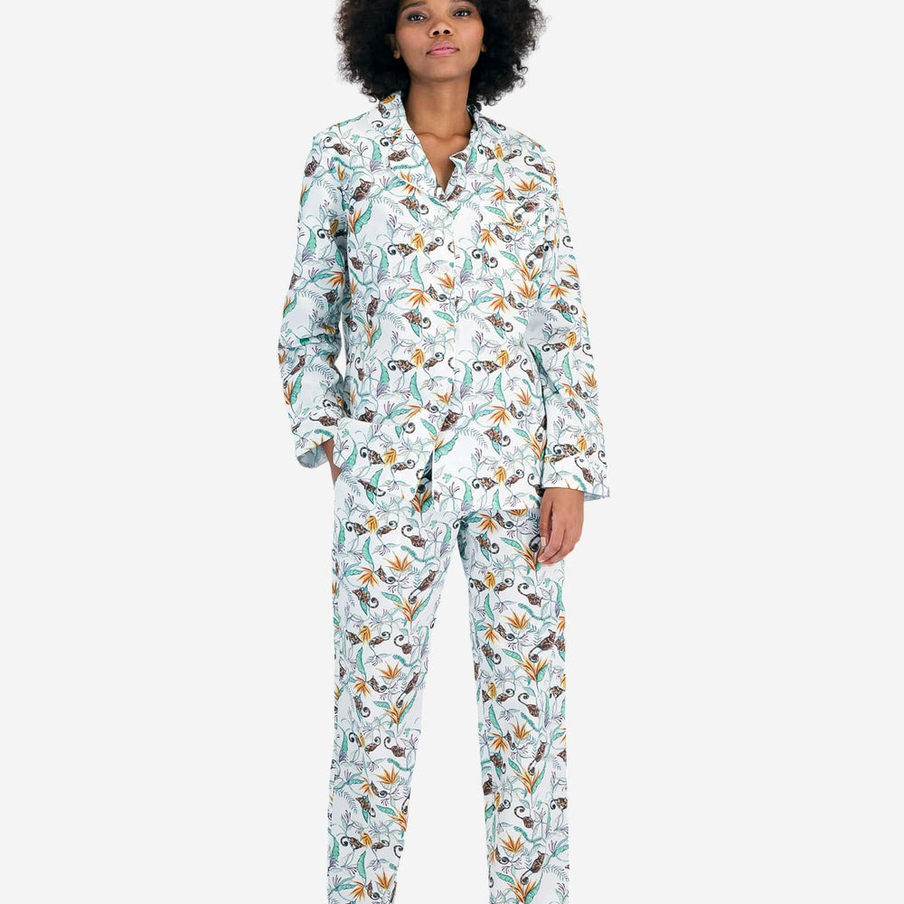 Womens Long Pyjamas - Night Monkeys White Woodstock Laundry
