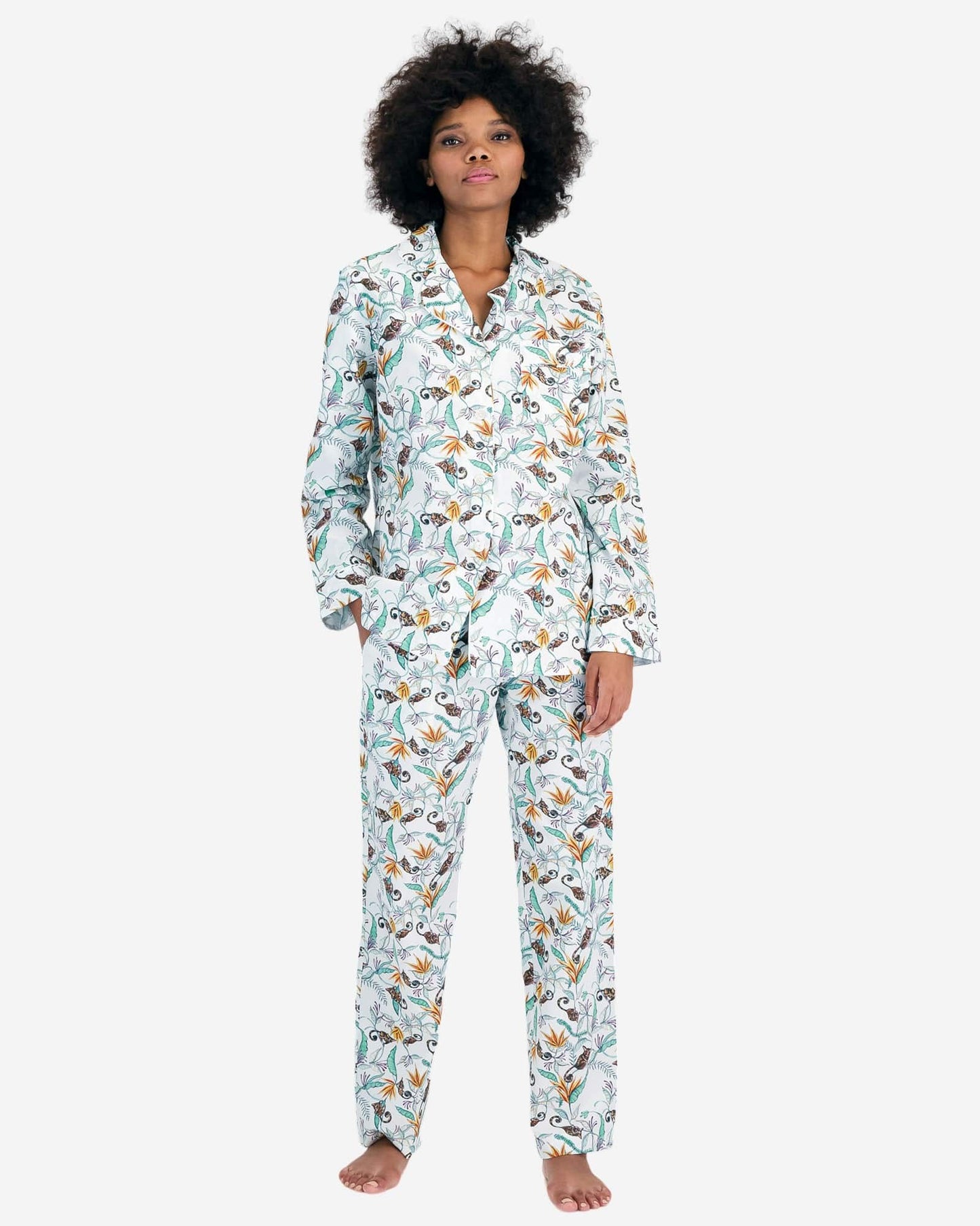 Womens Long Pyjamas - Night Monkeys White Woodstock Laundry