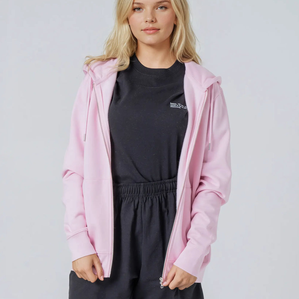Womens Organic Cotton Relaxed-Fit Zip Hoodie in Cherry Blossom Pink hewn.
