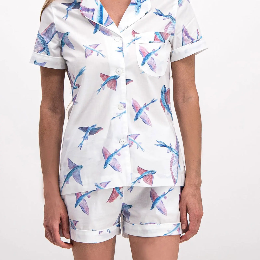 Womens Short Pyjamas - Flying Fish White Woodstock Laundry
