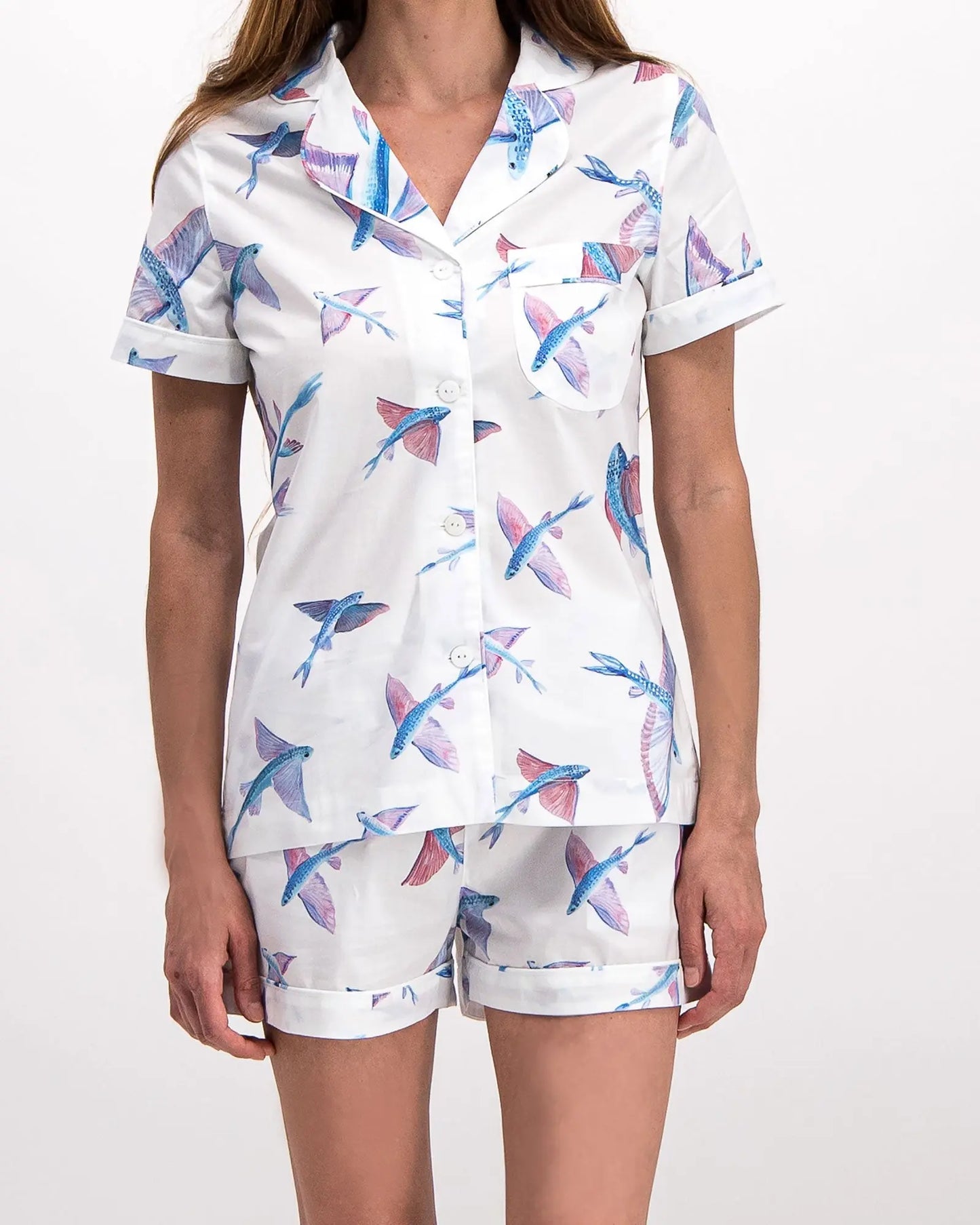 Womens Short Pyjamas - Flying Fish White Woodstock Laundry