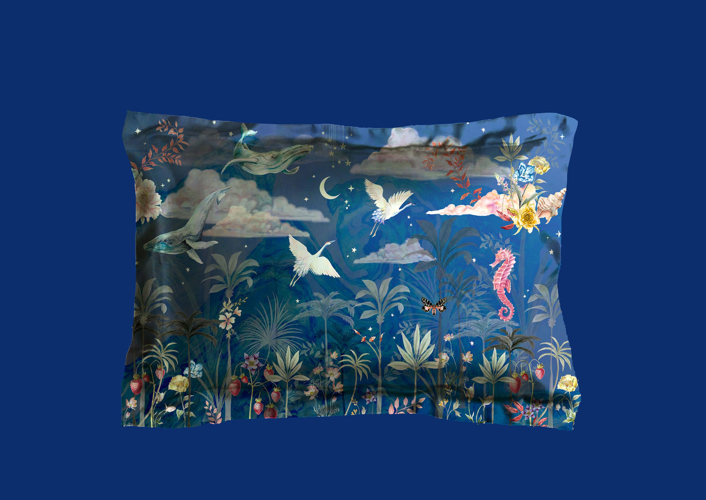 Blue Silk Pillowcase in hand painted 'Wonderous' print, Oxford Pillowcase Alice Acreman Silks