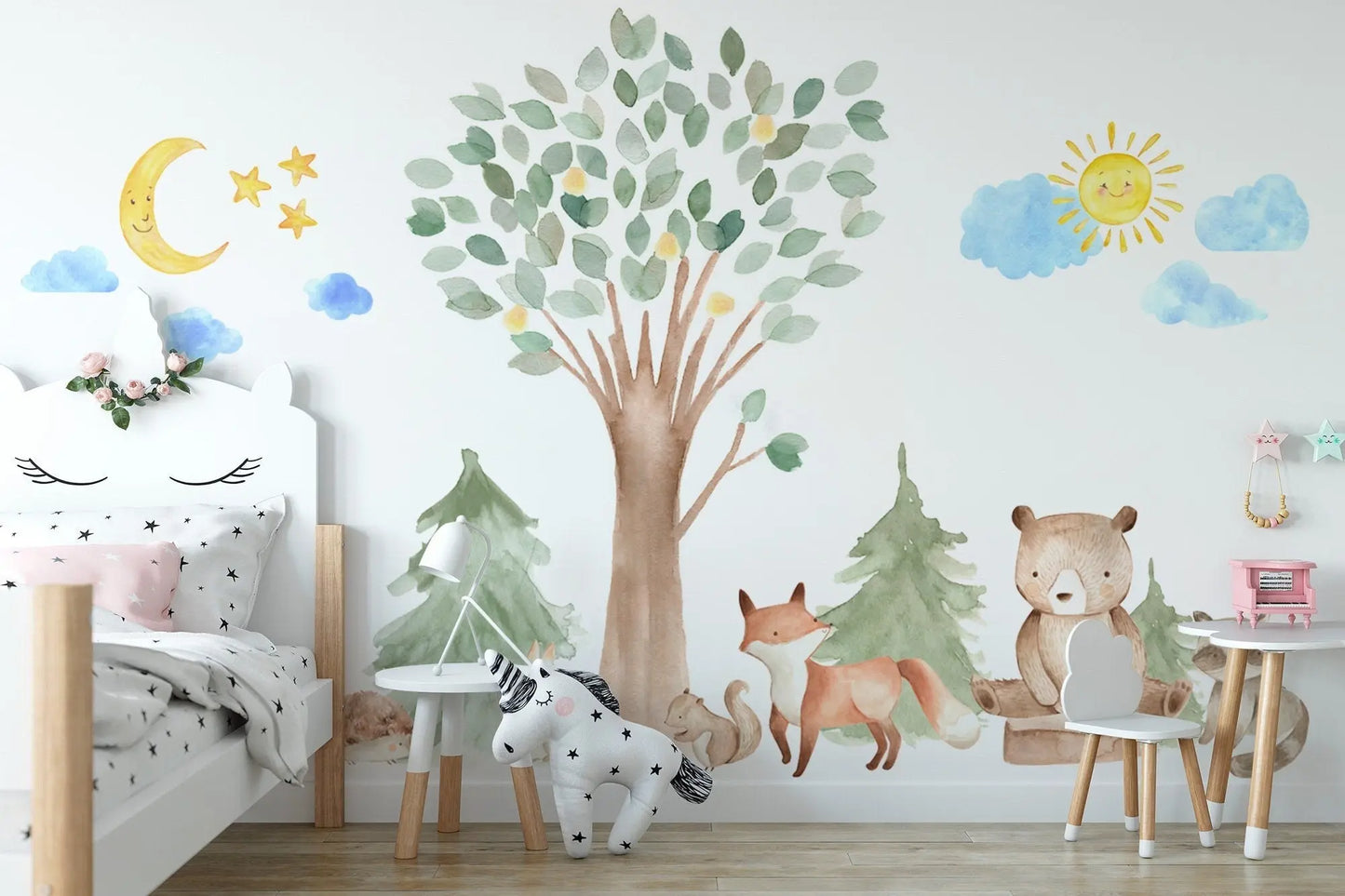 Woodland Watercolour Oak Pine Tree Decal with Animals - Bear, Fox, Raccoon, Rabbit, Squirrel, Porcupine ClickWalls