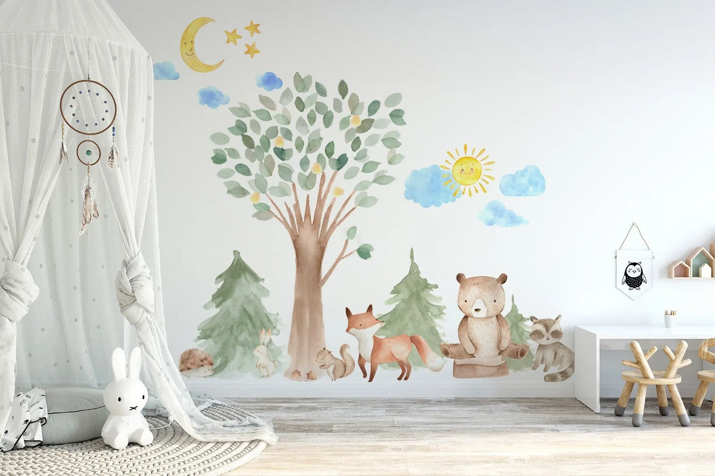 Woodland Watercolour Oak Pine Tree Decal with Animals - Bear, Fox, Raccoon, Rabbit, Squirrel, Porcupine ClickWalls