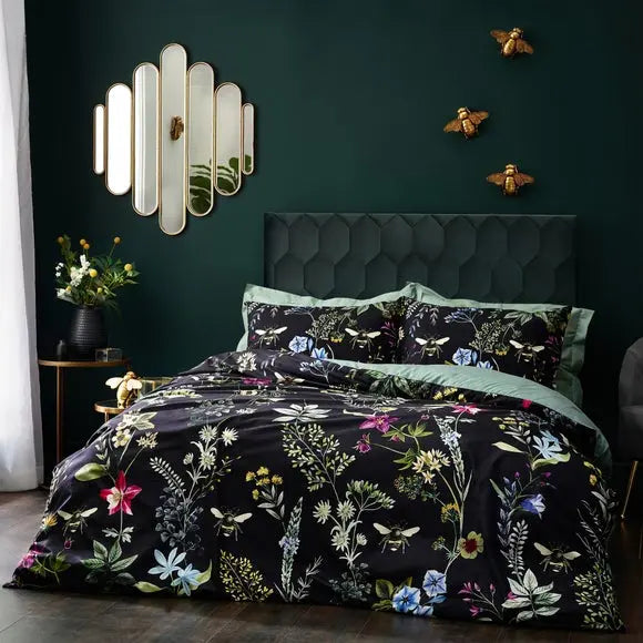Wylder Midnight Bee Velvet Duvet Cover & Pillowcase Set, Black Dunelm