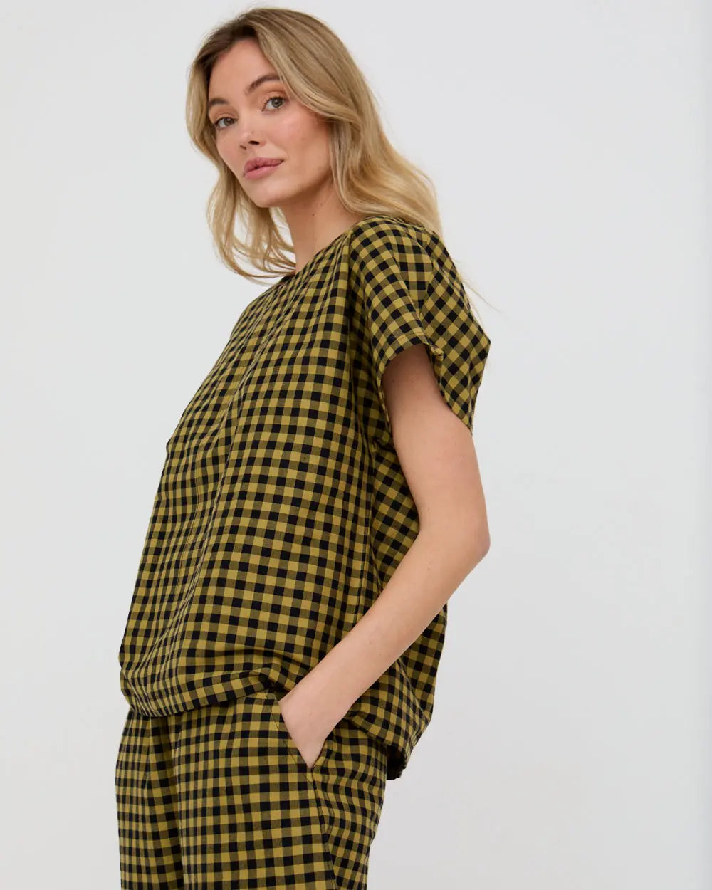 Wyn Mustard Check Print Top Turtledove London