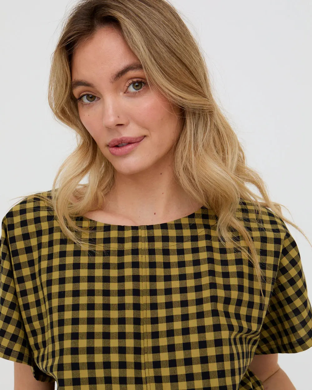 Wyn Mustard Check Print Top Turtledove London