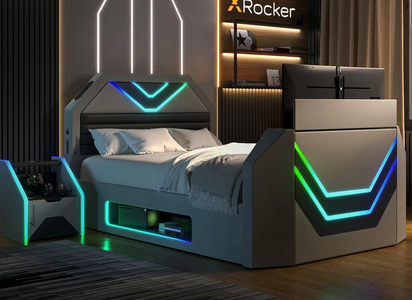 X Rocker Nebula Ottoman TV Bed Frame - Grey Dreams