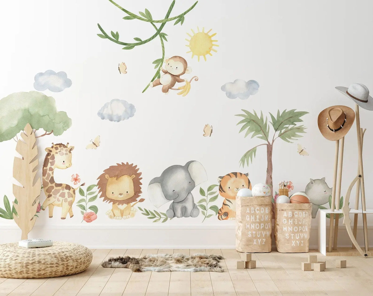 XL Safari Wall Sticker Set for Kids | Safari Animals | Wall Decal | Africa Watercolor Decal Set | Nursery Peel and Stick Nursery Wall Decor ClickWalls