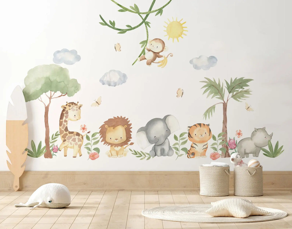 XL Safari Wall Sticker Set for Kids | Safari Animals | Wall Decal | Africa Watercolor Decal Set | Nursery Peel and Stick Nursery Wall Decor ClickWalls