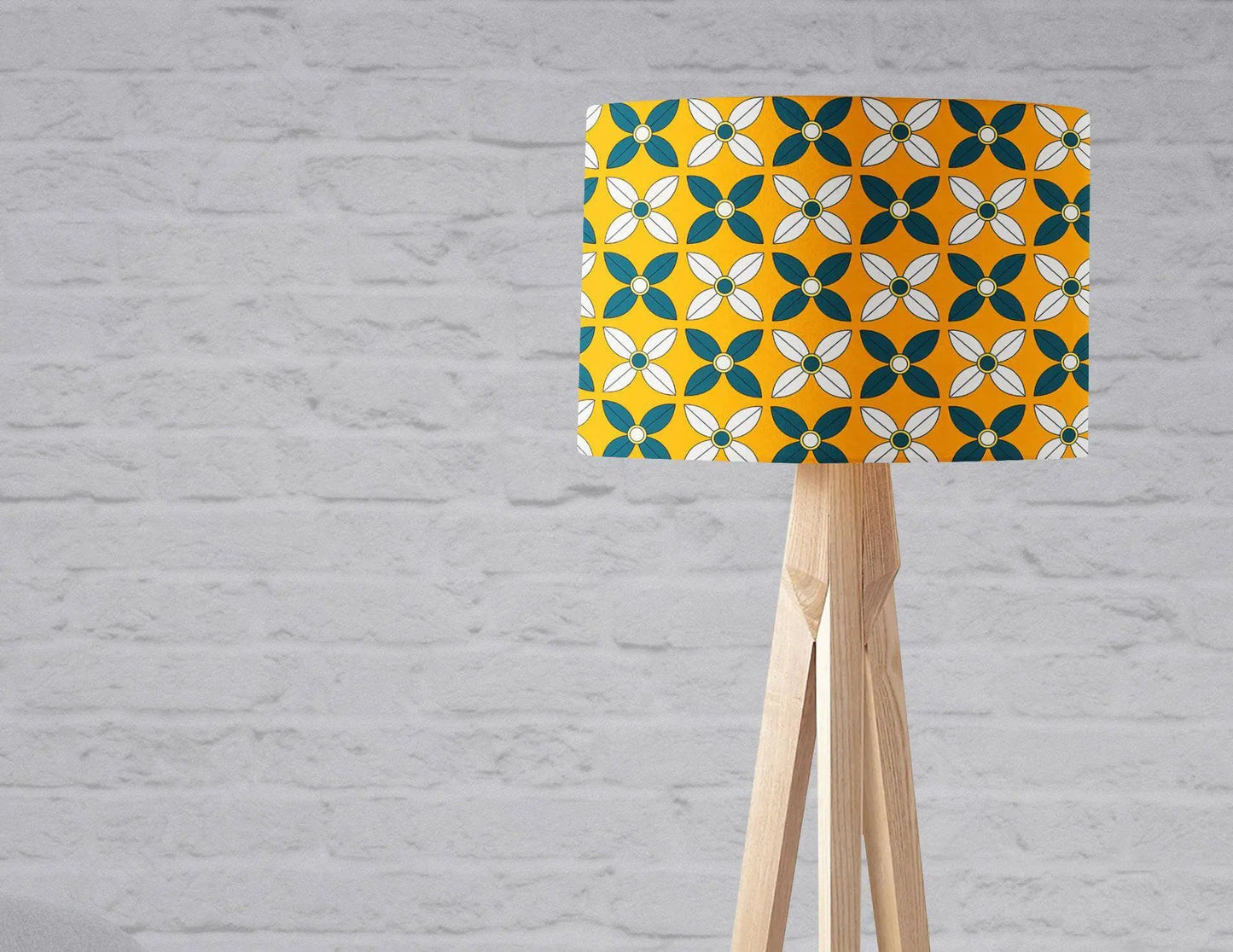 Yellow Lampshade with a  Retro Blue and White Design, Ceiling or Table Lamp Shade Shadow bright