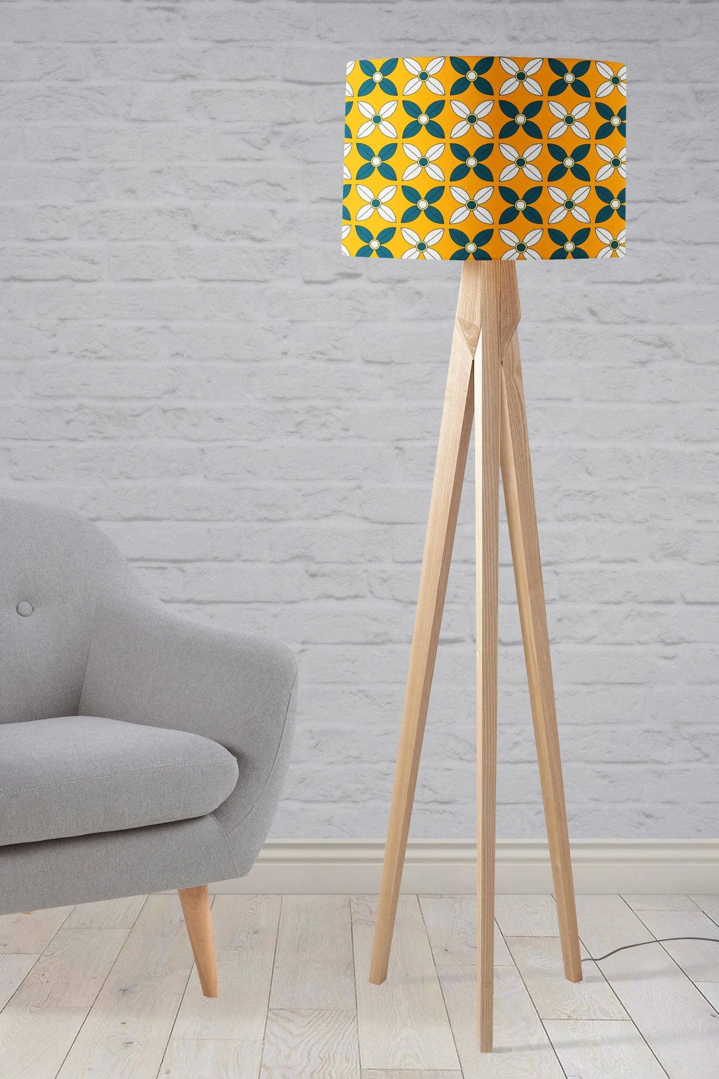 Yellow Lampshade with a  Retro Blue and White Design, Ceiling or Table Lamp Shade Shadow bright