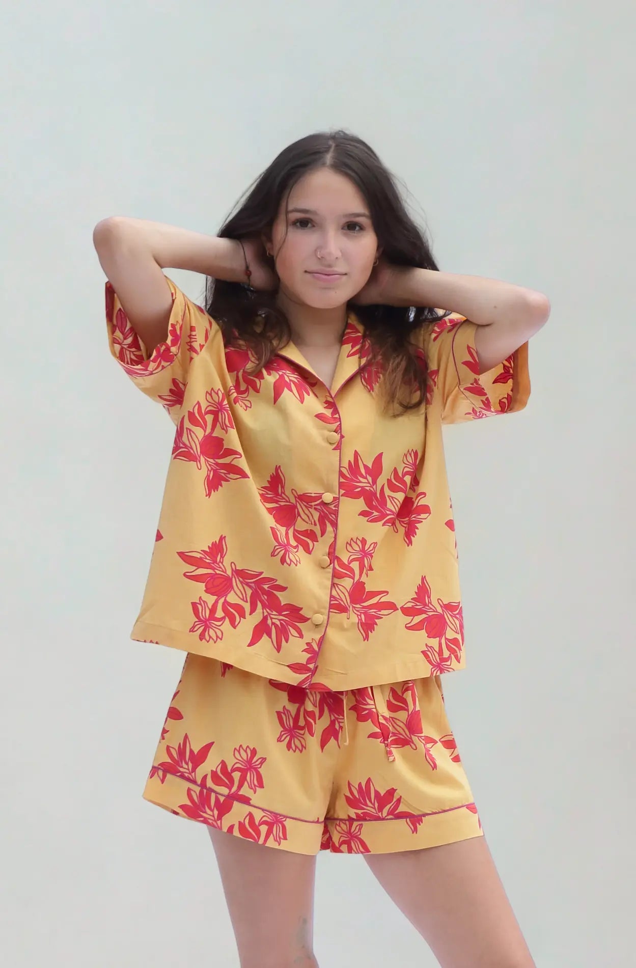 Yellow/Pink Matching Set in Cartagena Print Short Sleeve Pyjamas AMOKA DALO