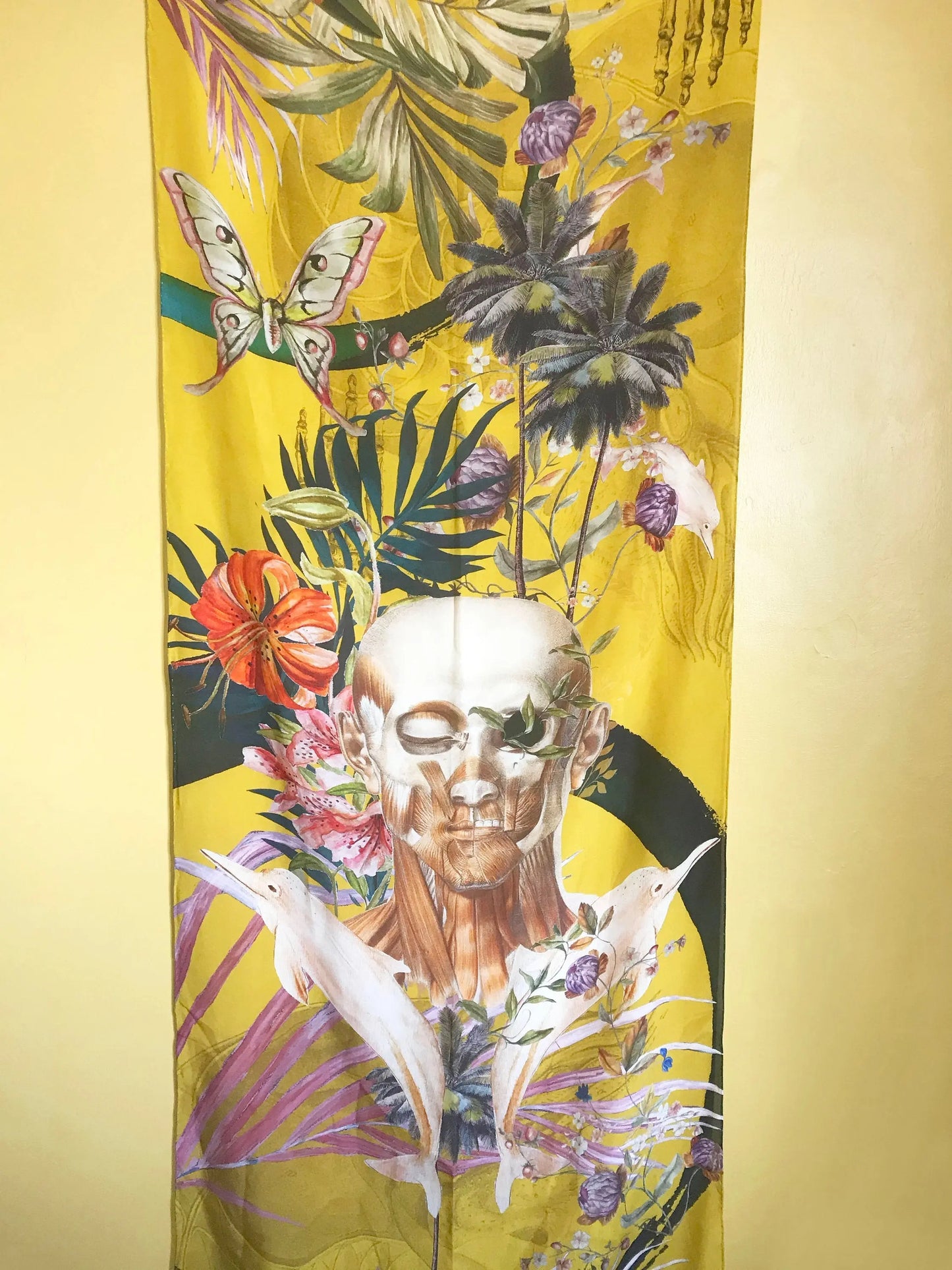 Yellow tropical print Scarf with floral skull design  "Boto Silk" long Silk scarf in rectangular shape Alice Acreman Silks