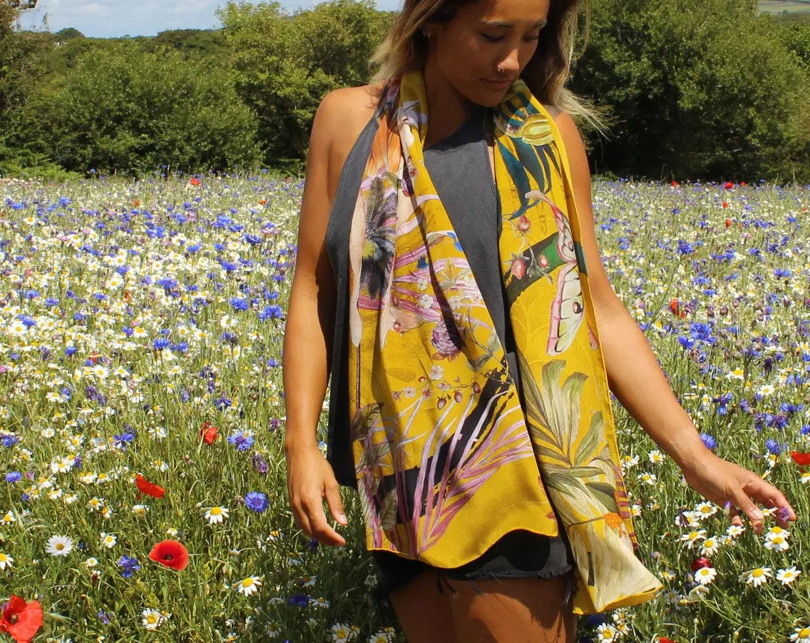 Yellow tropical print Scarf with floral skull design  "Boto Silk" long Silk scarf in rectangular shape Alice Acreman Silks