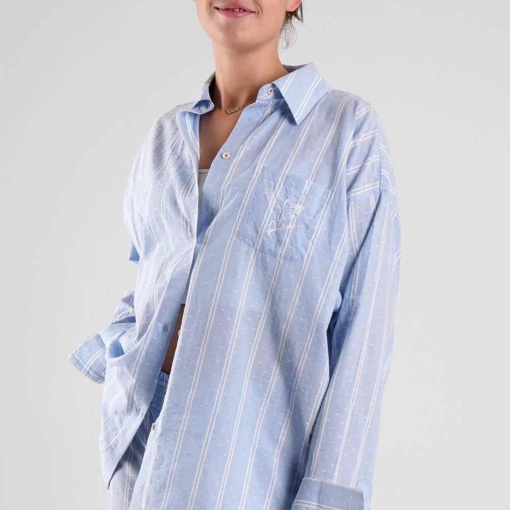 Yew Stripe Ethical-Cotton Shirt - Glacier Blue Peachaus