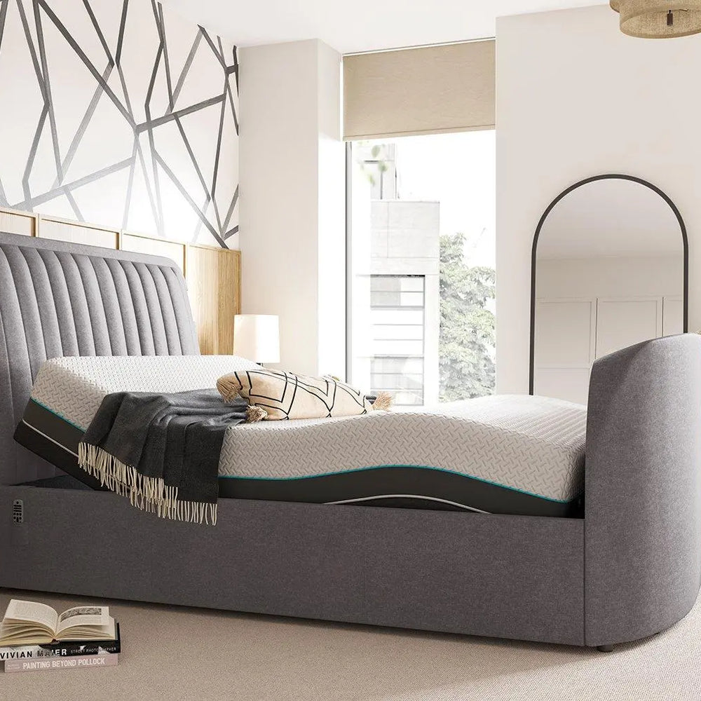 Yokohama Sleepmotion Adjustable Velvet-Finish Dolby Atmos TV Bed Frame - Grey Dreams