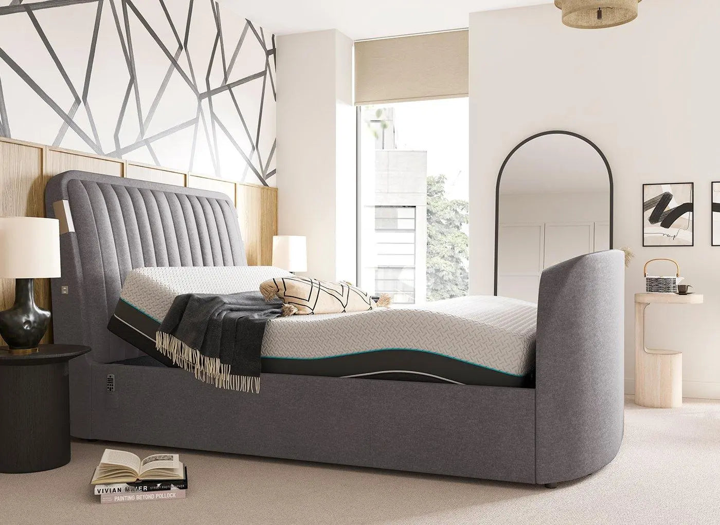 Yokohama Sleepmotion Adjustable Velvet-Finish Dolby Atmos TV Bed Frame - Grey Dreams