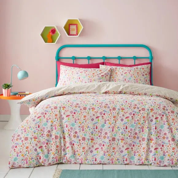 Zingy Mushroom Reversible Duvet Cover and Pillowcase Set Dunelm