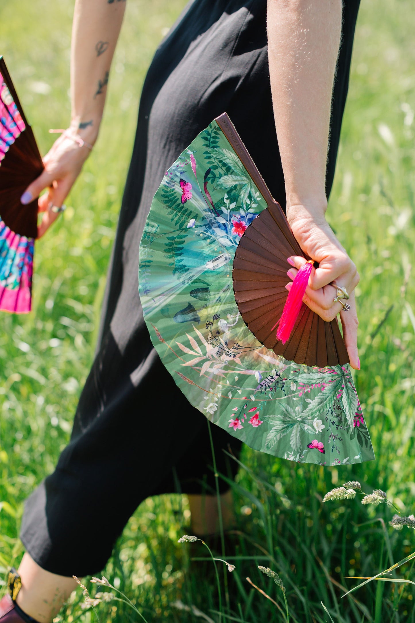 Green hand-held silk fan with 'Greenery' mushroom and crystal botanical artwork Alice Acreman Silks