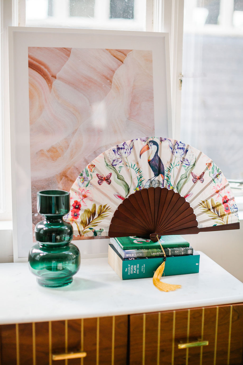 Floral Silk Fan with Toucan design and luxurious Gold tassel, part of the Mysa Collection Alice Acreman Silks