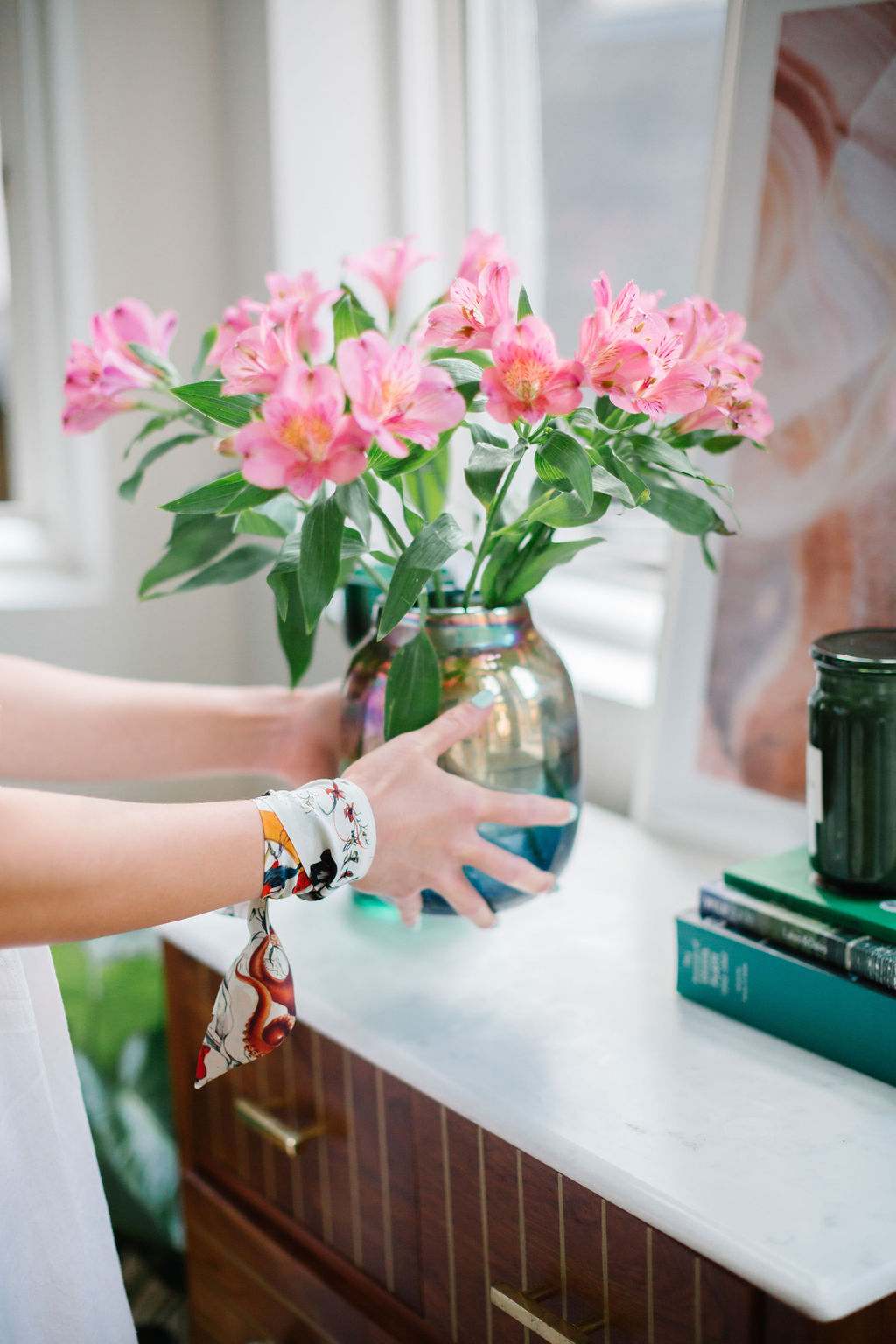 Cream 'Skinny' Silk scarf in the botanical  'Evolution' Print, delicate, lightweight Twilly style scarf accessory Alice Acreman Silks