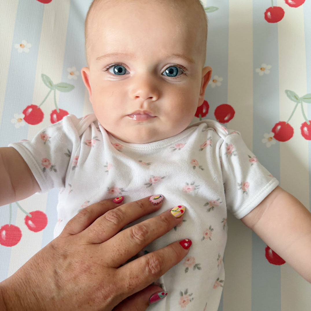 Anti-Roll Wedge Baby Changing Mat - Cherry Stripe Bobbin and Bumble