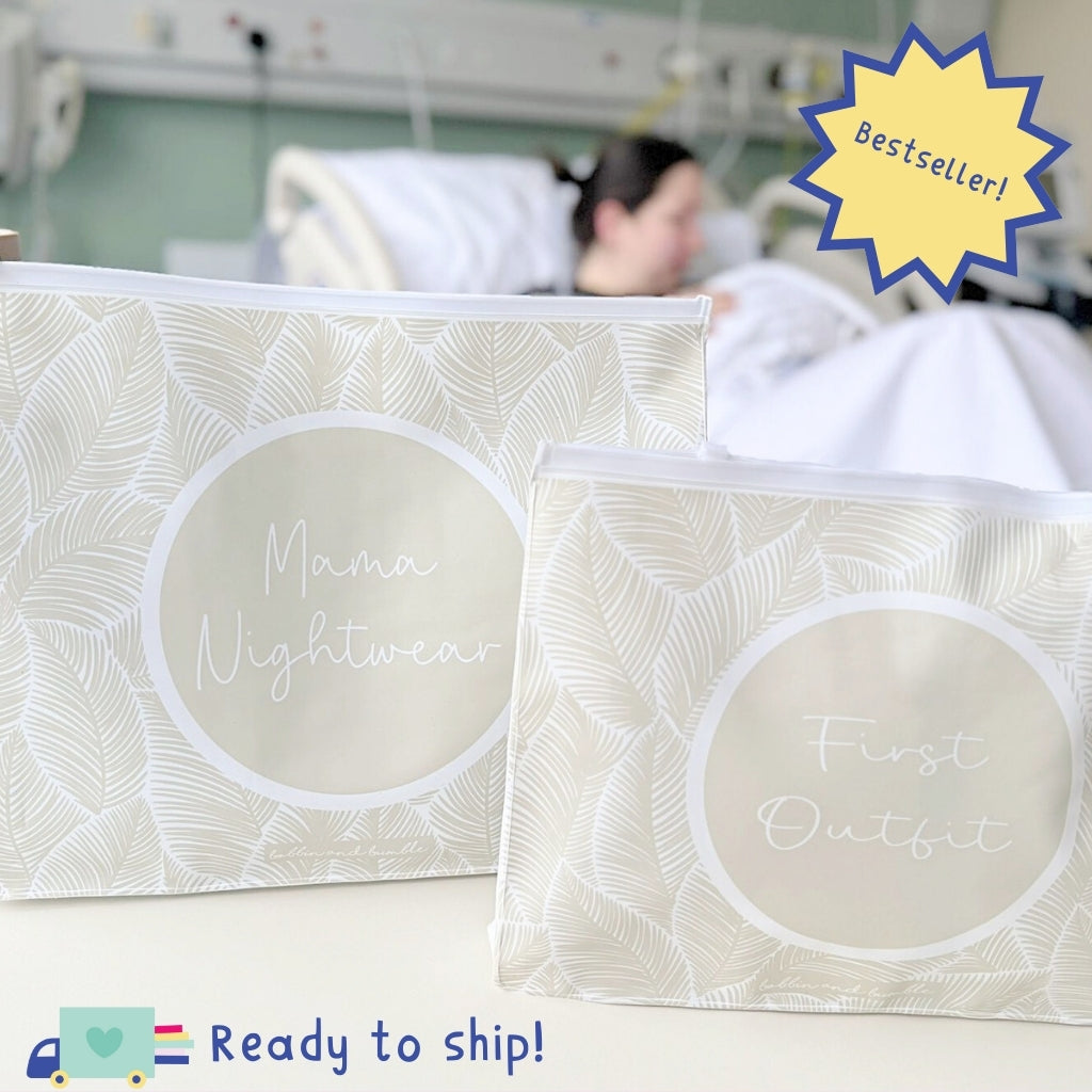 Hospital Bag Organiser Pouches - Unisex Beige Leaf Print Bobbin and Bumble