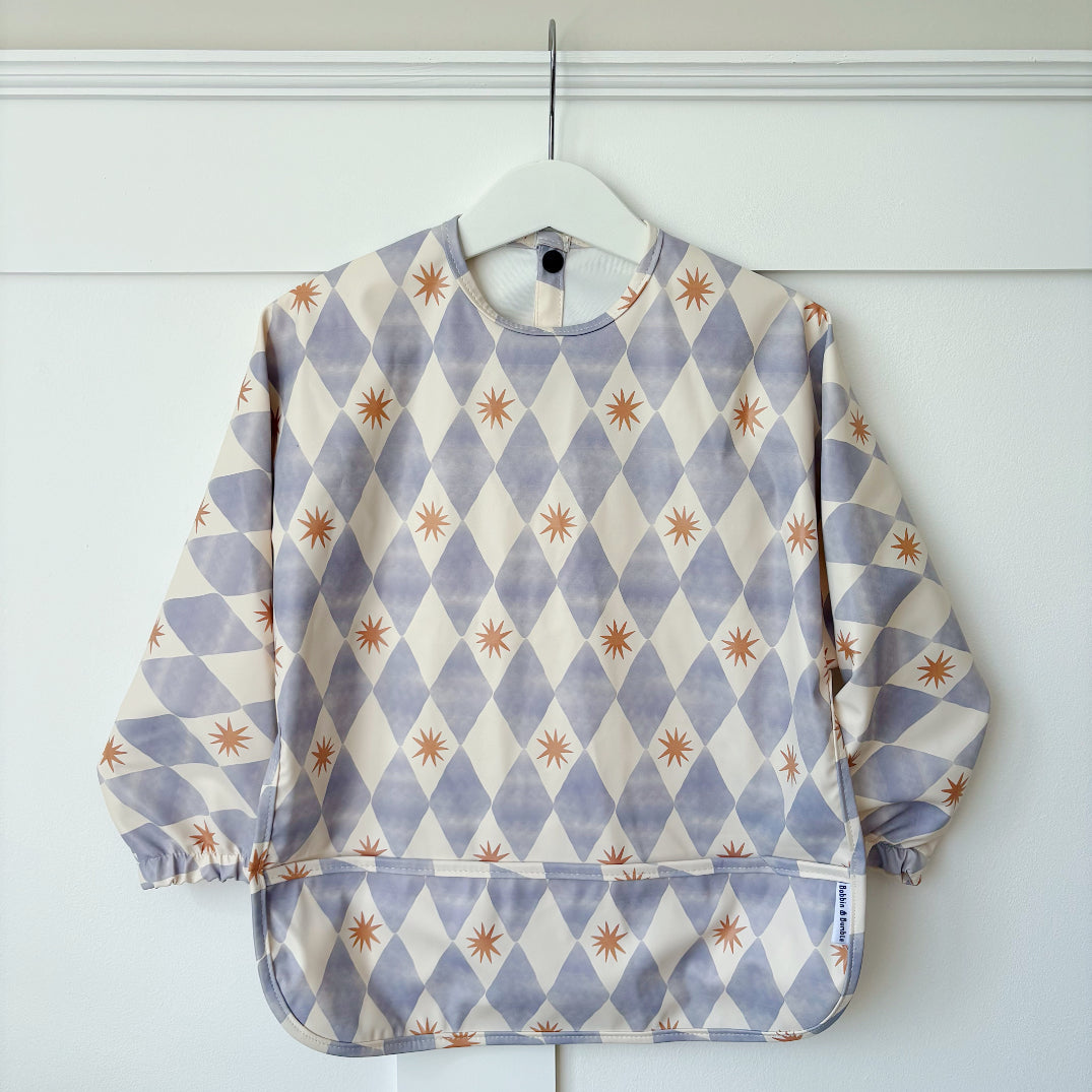 Long Sleeved Baby Bib - Blue Harlequin Bobbin and Bumble