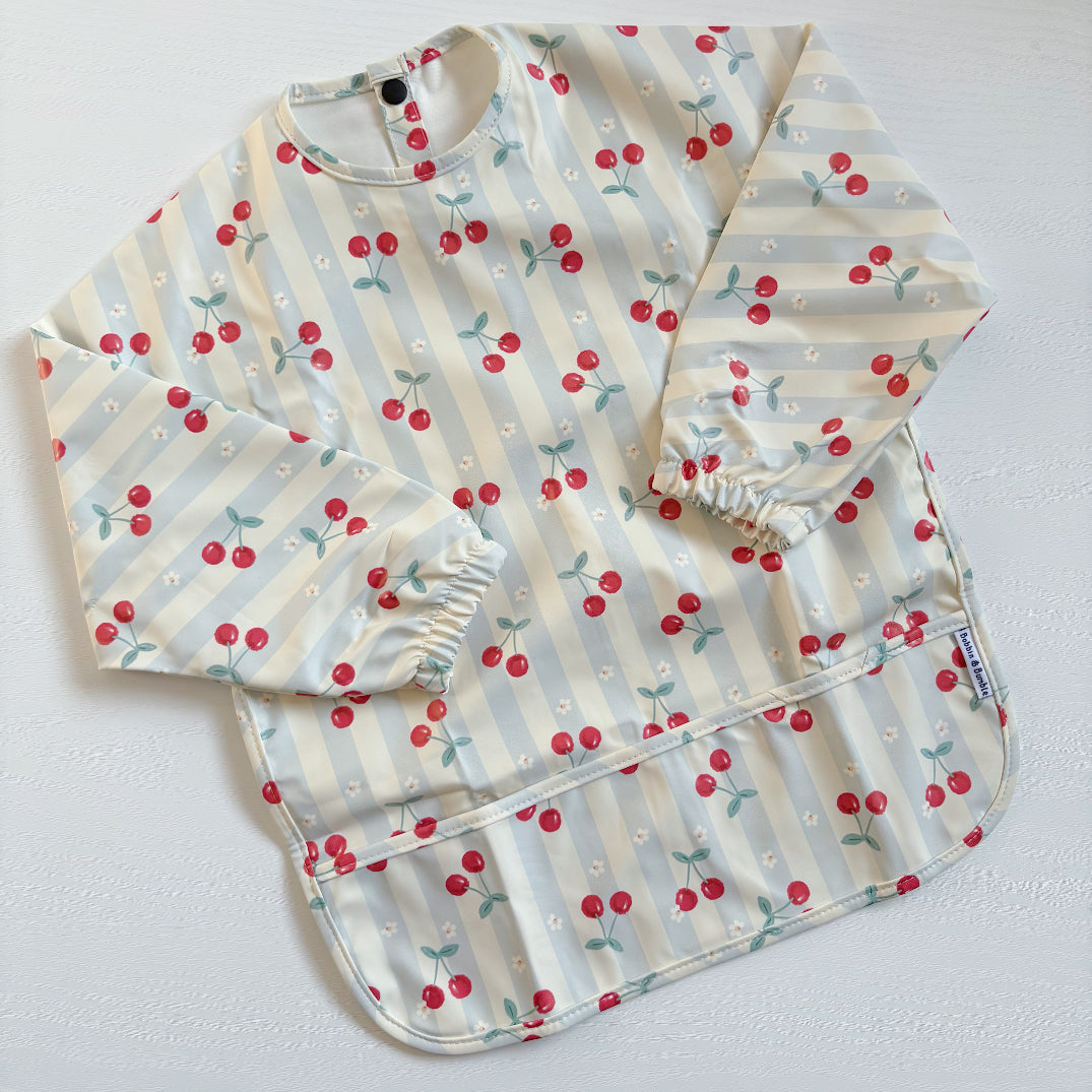 Long Sleeved Baby Bib - Cherry Stripe Bobbin and Bumble